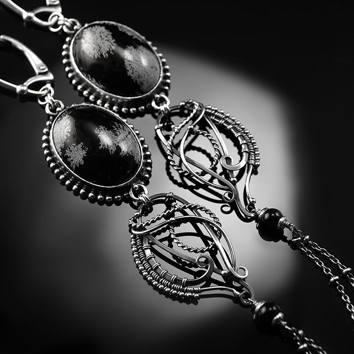 Reanite | Fancy Sterling Silver & Snow Obsidian Wire-wrapped Earrings