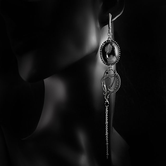 Reanite | Fancy Sterling Silver & Snow Obsidian Wire-wrapped Earrings